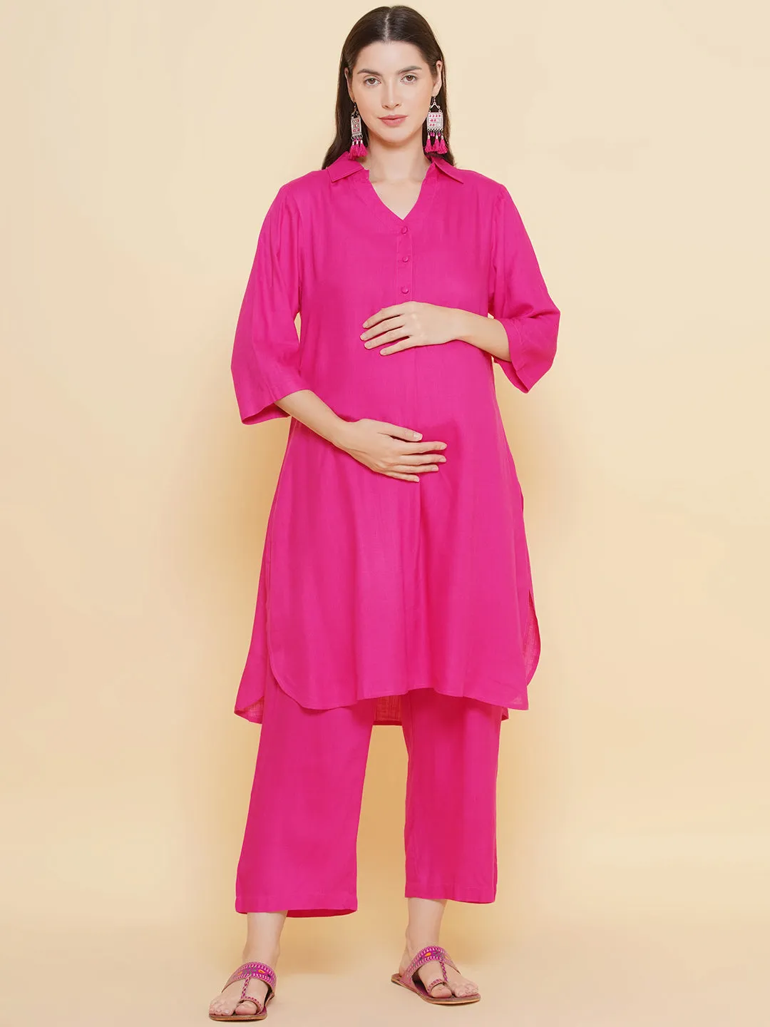 Pink Shirt Collar Maternity & Nursing Kurta Set