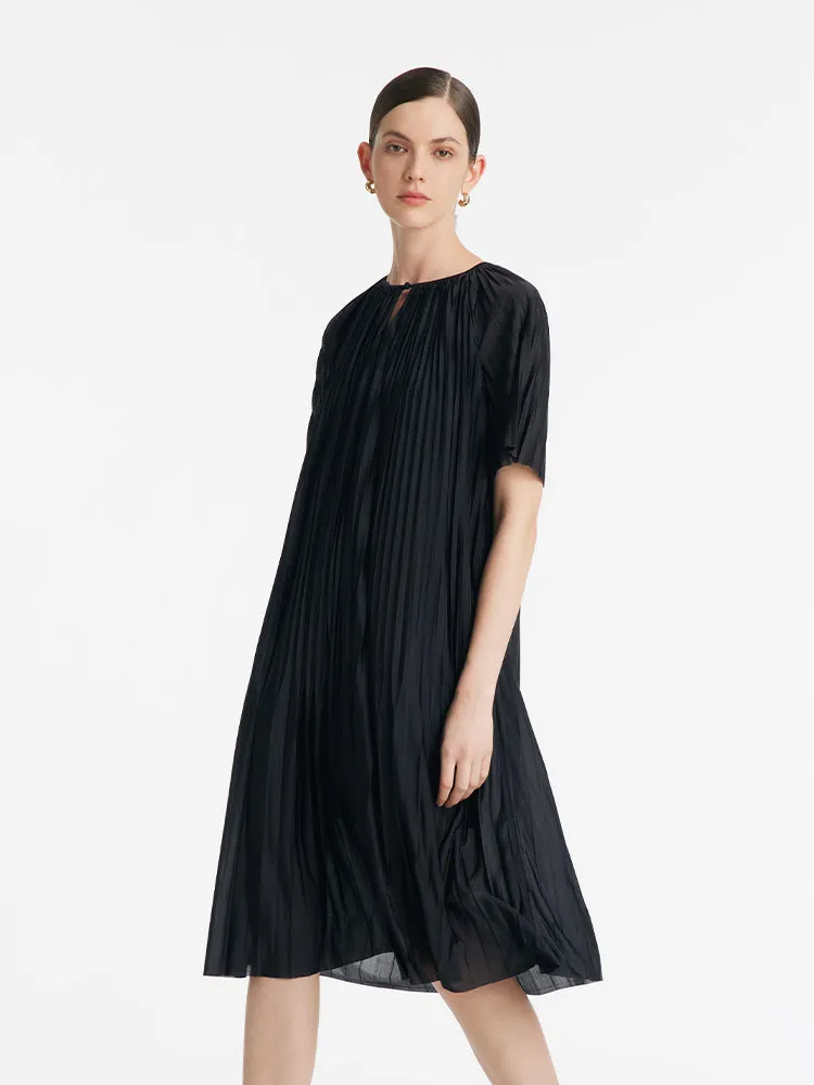 Pleated Round Neck Women Midi Dress With Leather Belt