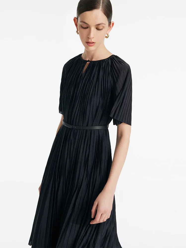 Pleated Round Neck Women Midi Dress With Leather Belt