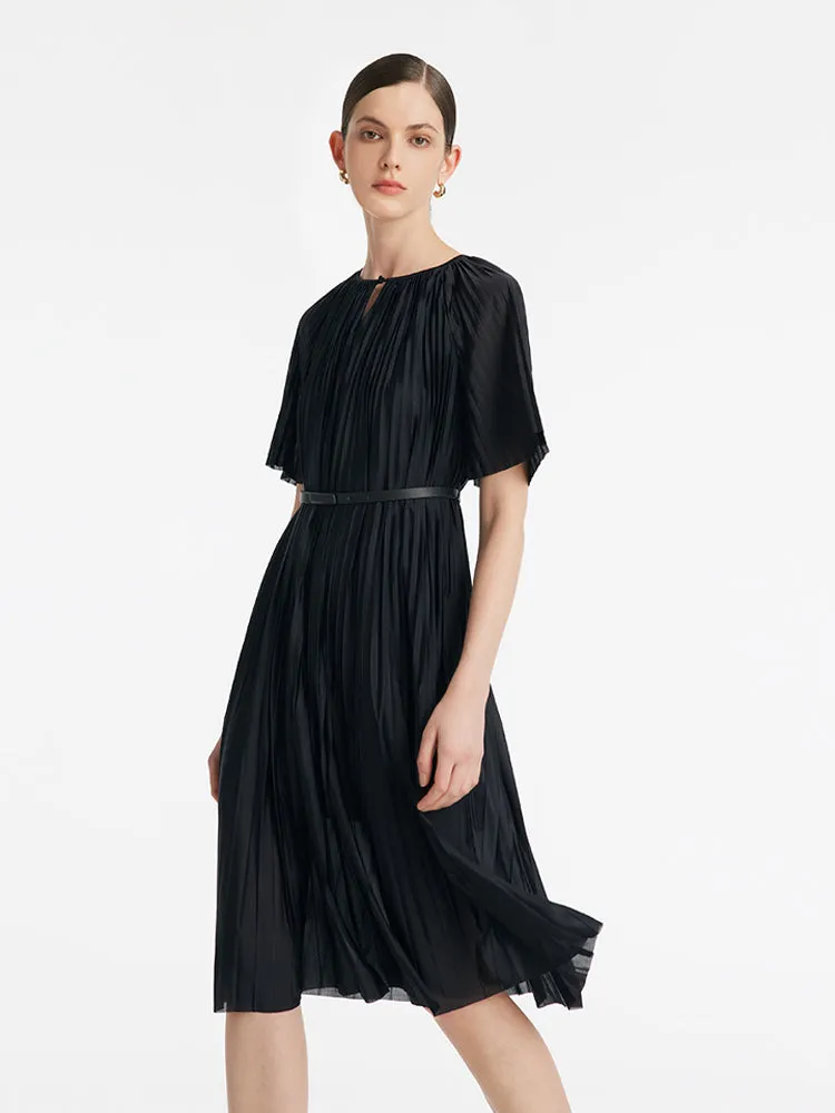 Pleated Round Neck Women Midi Dress With Leather Belt