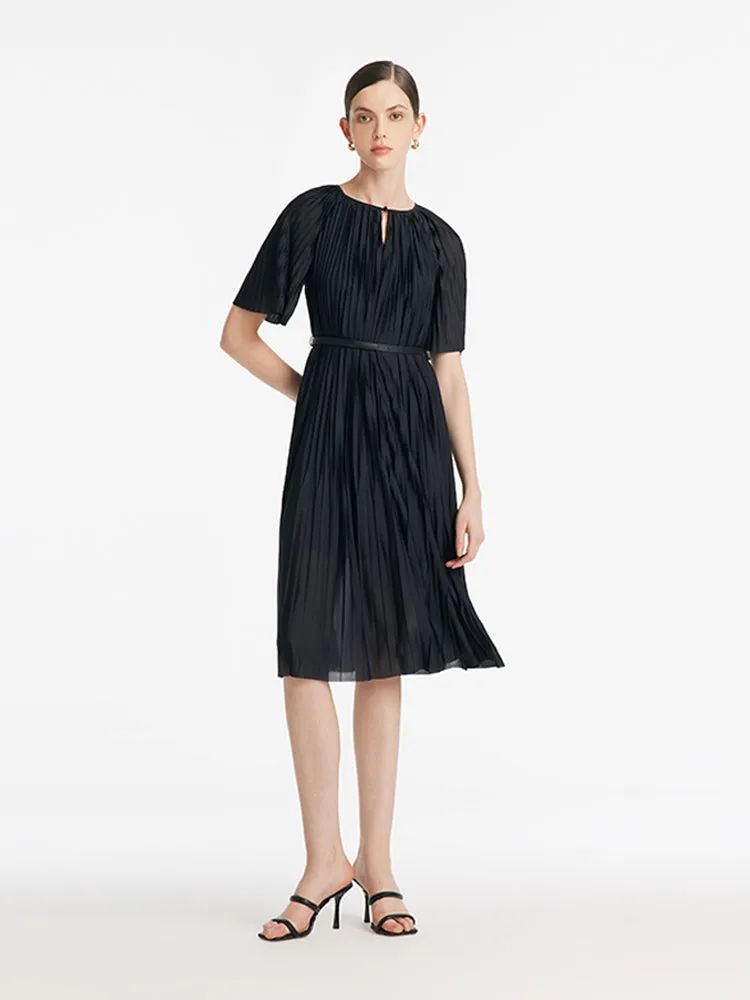 Pleated Round Neck Women Midi Dress With Leather Belt