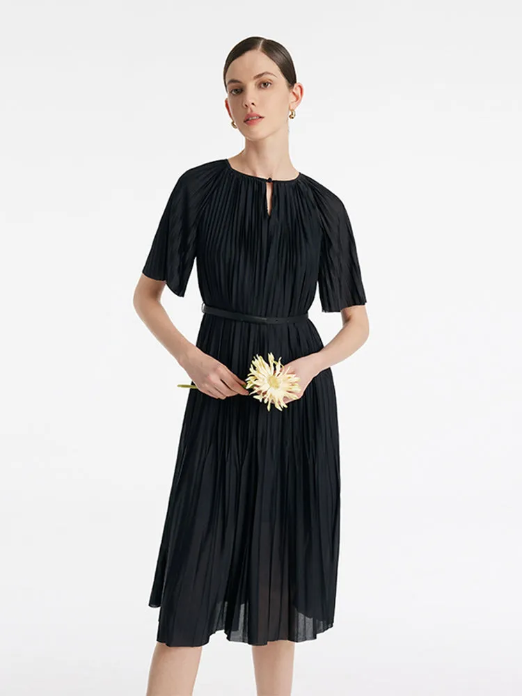 Pleated Round Neck Women Midi Dress With Leather Belt