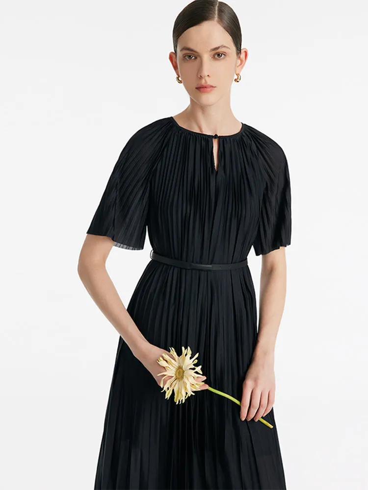 Pleated Round Neck Women Midi Dress With Leather Belt