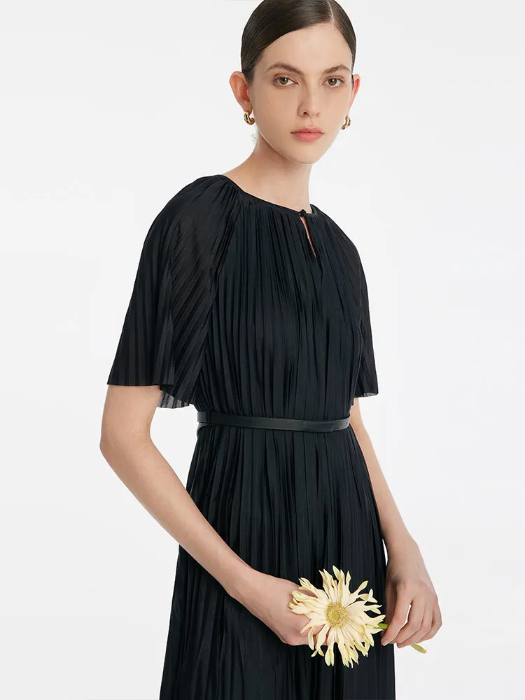 Pleated Round Neck Women Midi Dress With Leather Belt