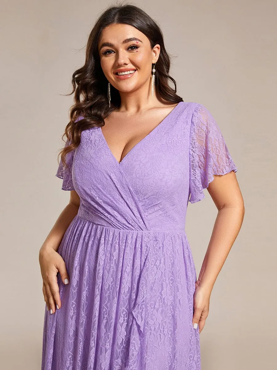 Plus Size Short Sleeve Ruffled V-Neck A-Line Lace Formal Evening Dress