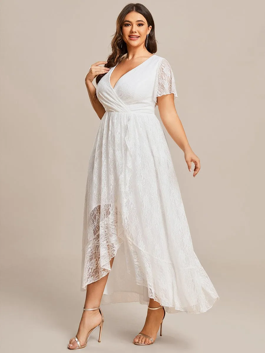 Plus Size Short Sleeve Ruffled V-Neck A-Line Lace Formal Evening Dress