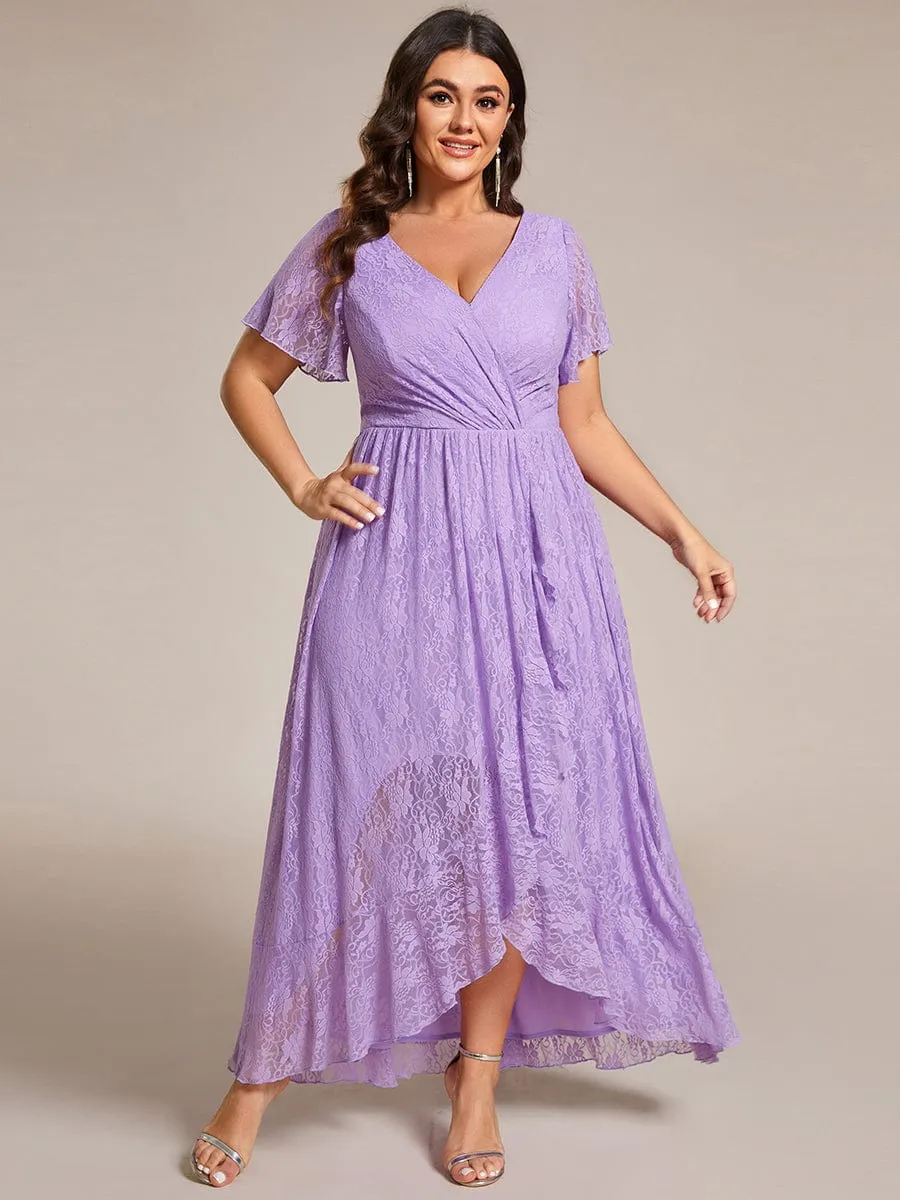 Plus Size Short Sleeve Ruffled V-Neck A-Line Lace Formal Evening Dress