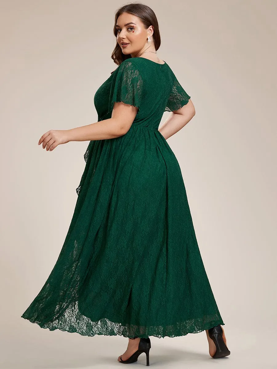 Plus Size Short Sleeve Ruffled V-Neck A-Line Lace Formal Evening Dress