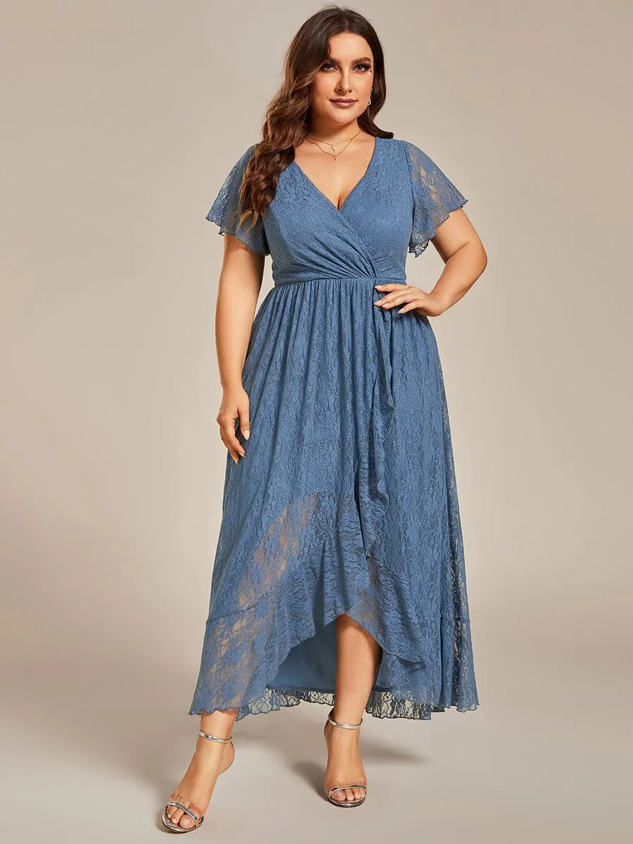 Plus Size Short Sleeve Ruffled V-Neck A-Line Lace Formal Evening Dress