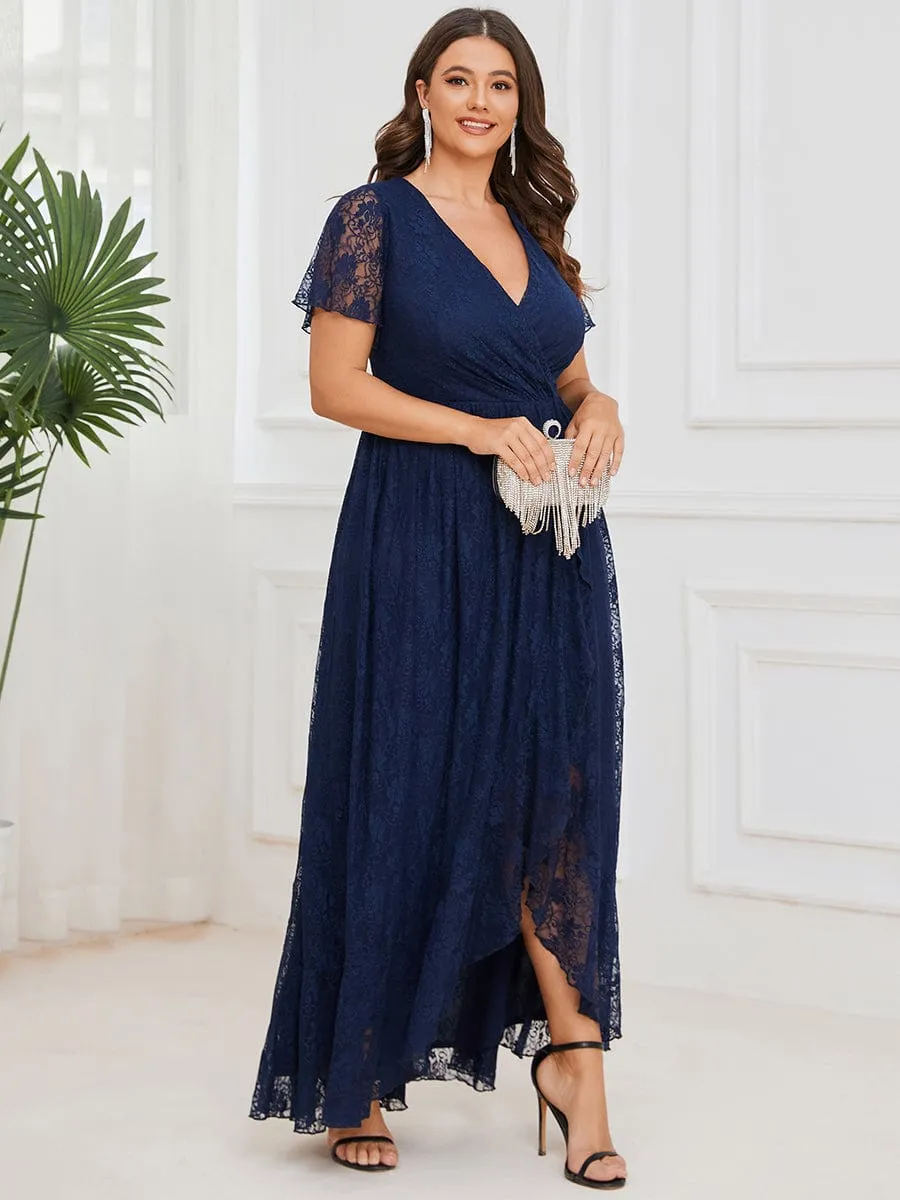 Plus Size Short Sleeve Ruffled V-Neck A-Line Lace Formal Evening Dress