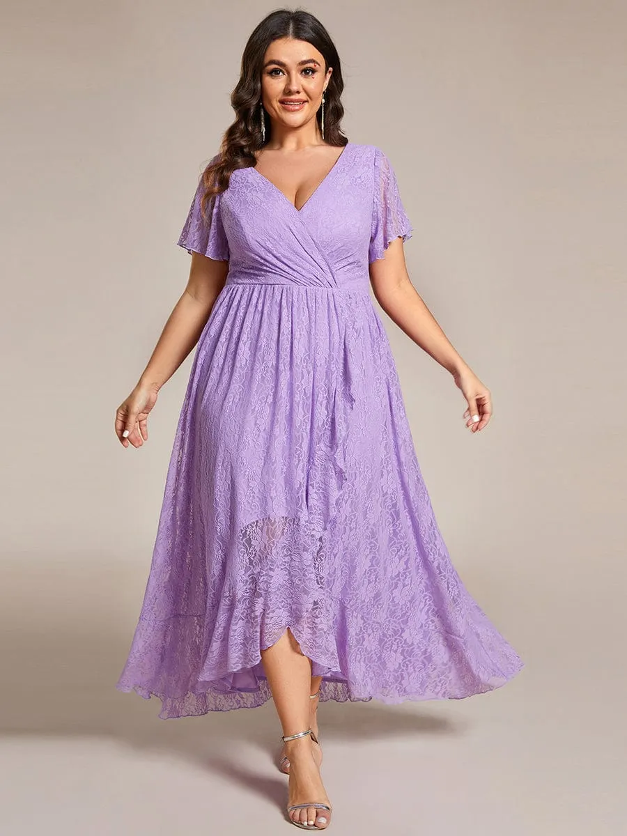 Plus Size Short Sleeve Ruffled V-Neck A-Line Lace Formal Evening Dress