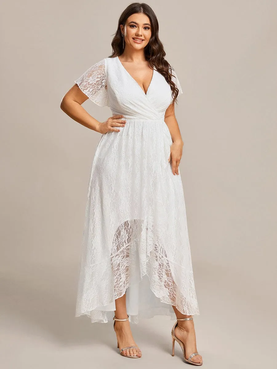 Plus Size Short Sleeve Ruffled V-Neck A-Line Lace Formal Evening Dress