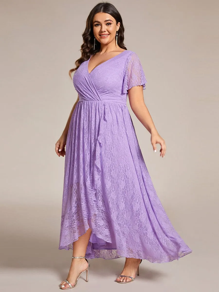 Plus Size Short Sleeve Ruffled V-Neck A-Line Lace Formal Evening Dress