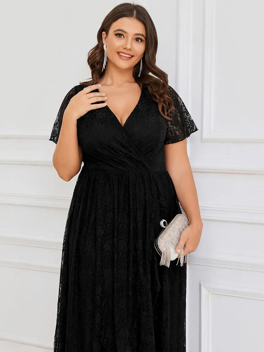 Plus Size Short Sleeve Ruffled V-Neck A-Line Lace Formal Evening Dress