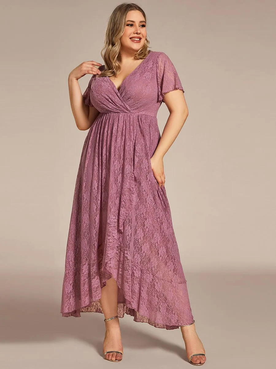 Plus Size Short Sleeve Ruffled V-Neck A-Line Lace Formal Evening Dress