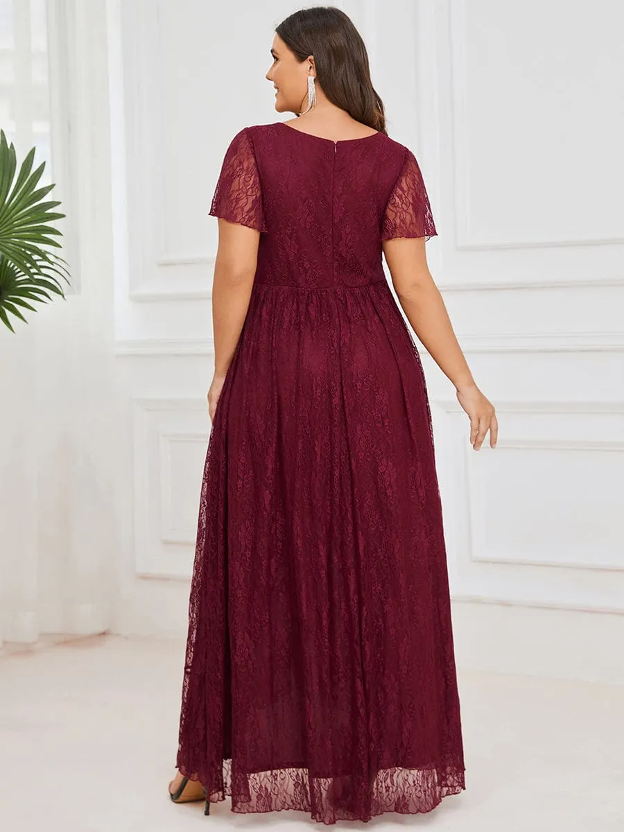 Plus Size Short Sleeve Ruffled V-Neck A-Line Lace Formal Evening Dress