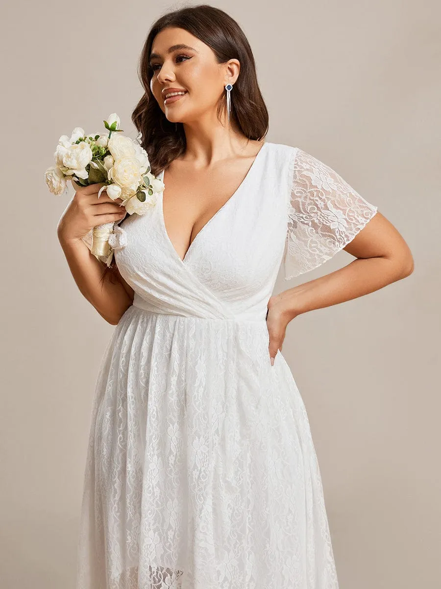 Plus Size Short Sleeve Ruffled V-Neck A-Line Lace Formal Evening Dress