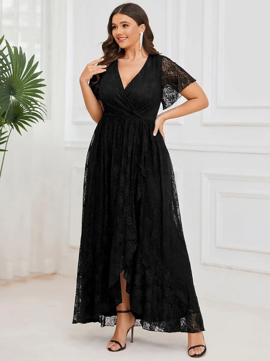 Plus Size Short Sleeve Ruffled V-Neck A-Line Lace Formal Evening Dress