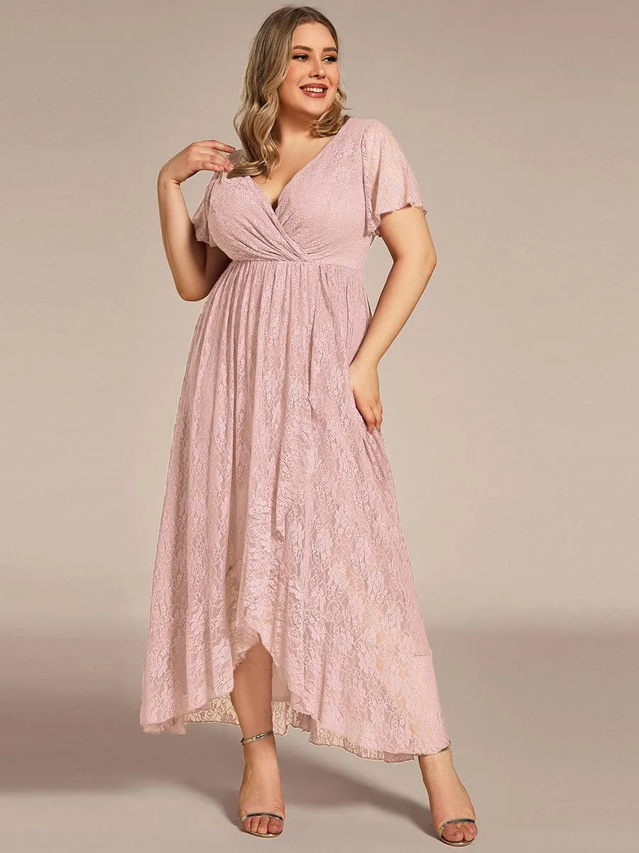 Plus Size Short Sleeve Ruffled V-Neck A-Line Lace Formal Evening Dress