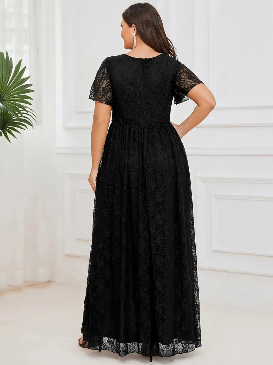 Plus Size Short Sleeve Ruffled V-Neck A-Line Lace Formal Evening Dress