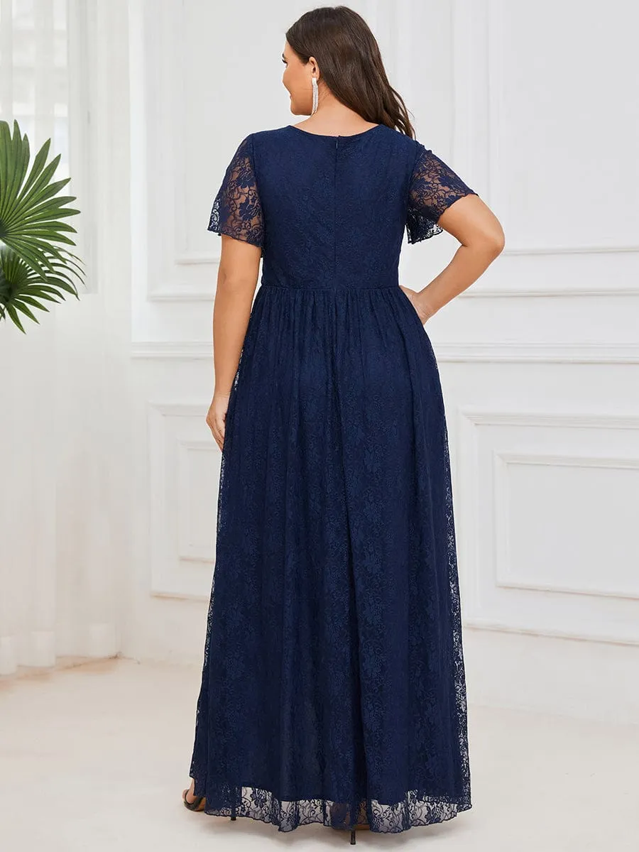 Plus Size Short Sleeve Ruffled V-Neck A-Line Lace Formal Evening Dress