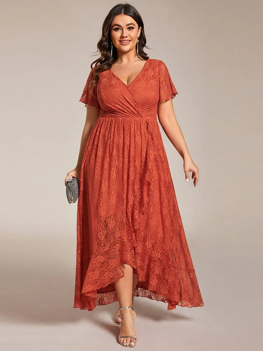 Plus Size Short Sleeve Ruffled V-Neck A-Line Lace Formal Evening Dress