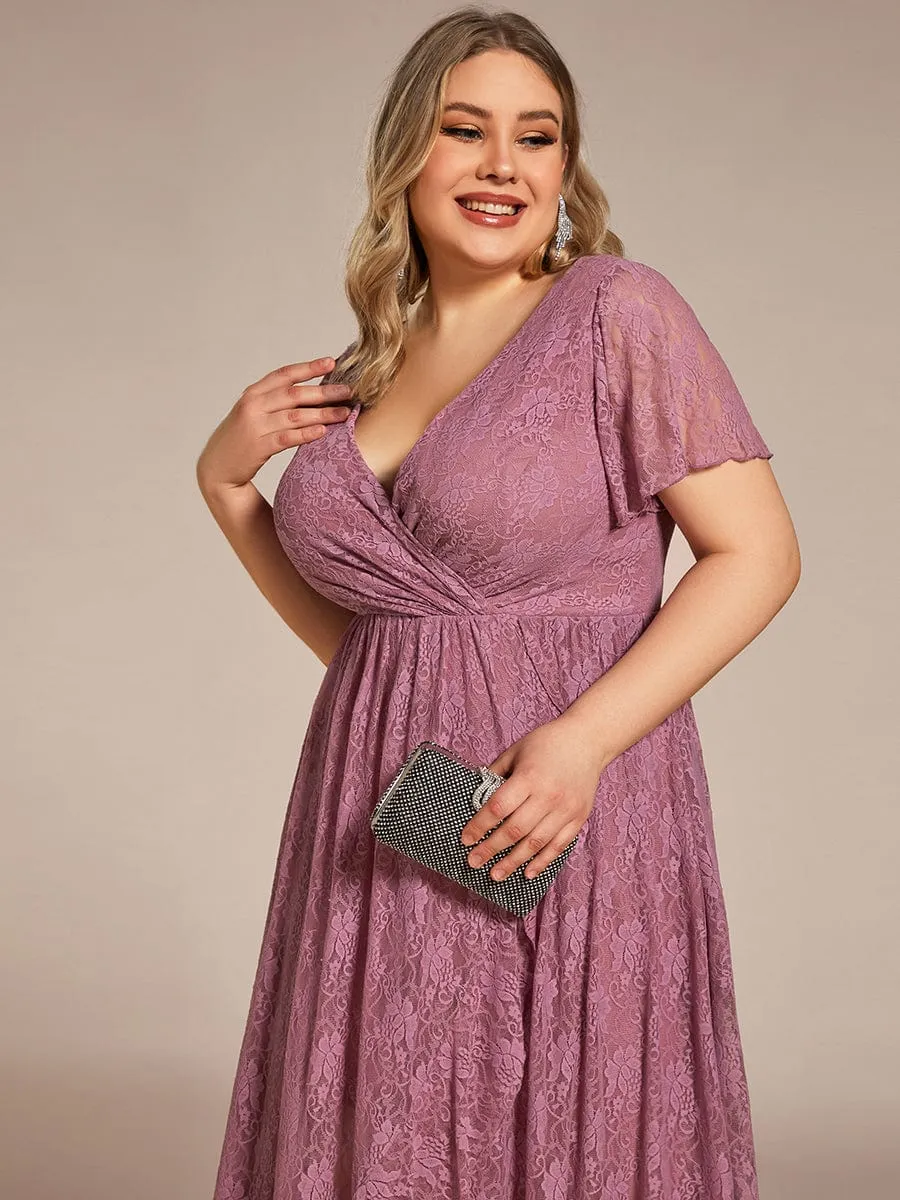 Plus Size Short Sleeve Ruffled V-Neck A-Line Lace Formal Evening Dress