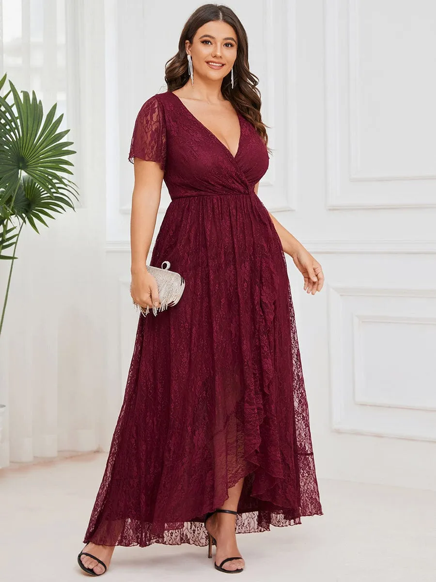 Plus Size Short Sleeve Ruffled V-Neck A-Line Lace Formal Evening Dress