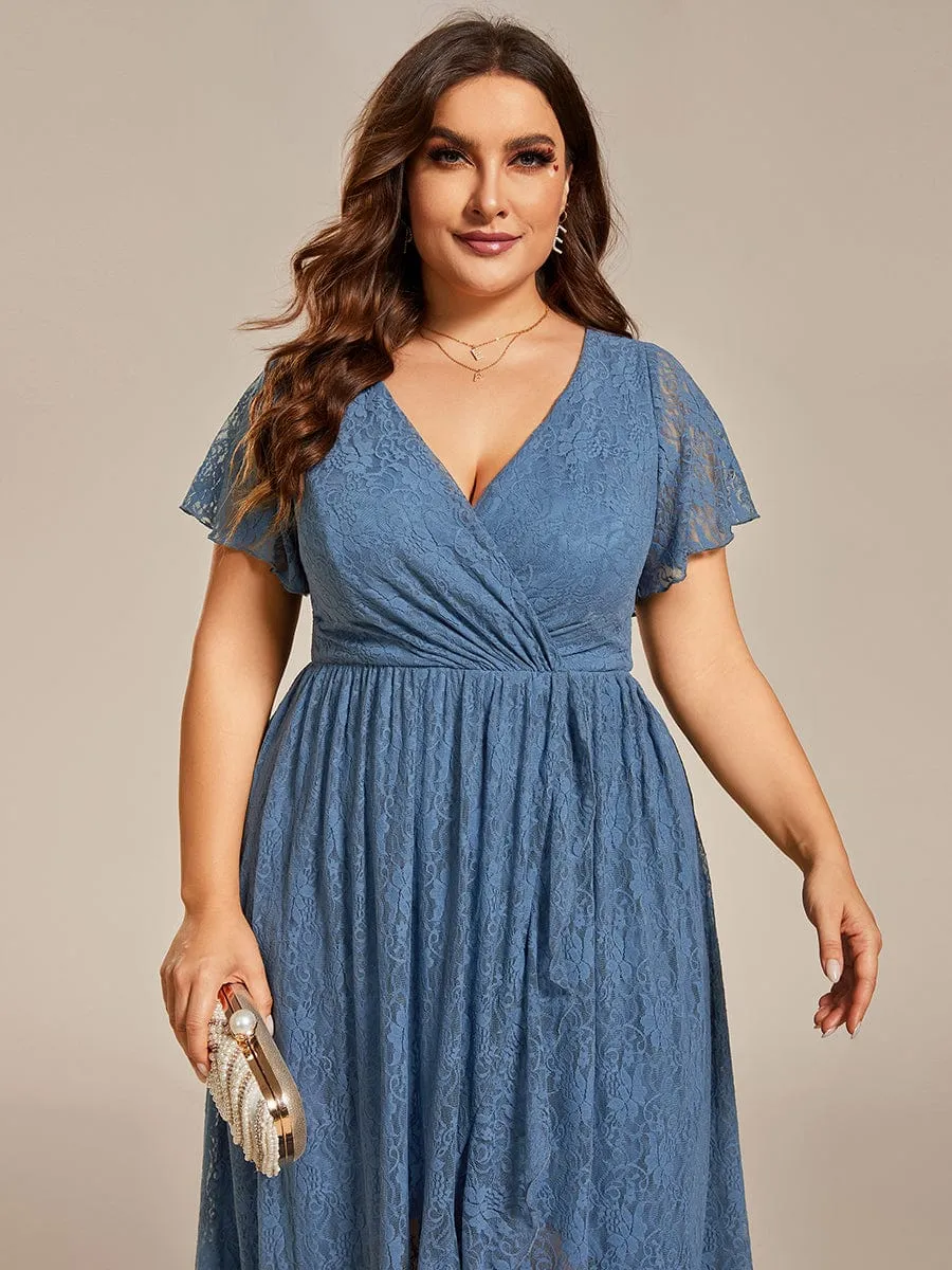 Plus Size Short Sleeve Ruffled V-Neck A-Line Lace Formal Evening Dress