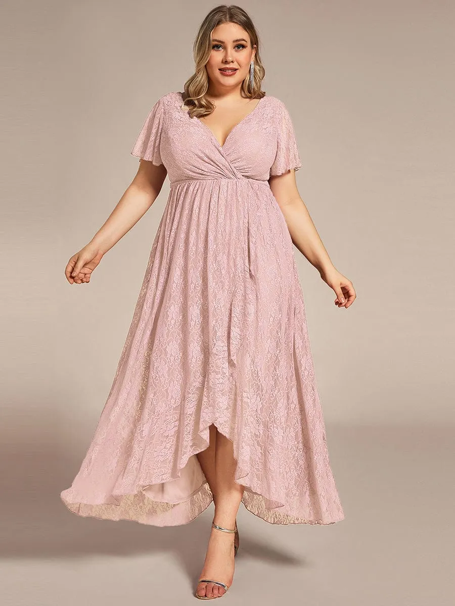 Plus Size Short Sleeve Ruffled V-Neck A-Line Lace Formal Evening Dress