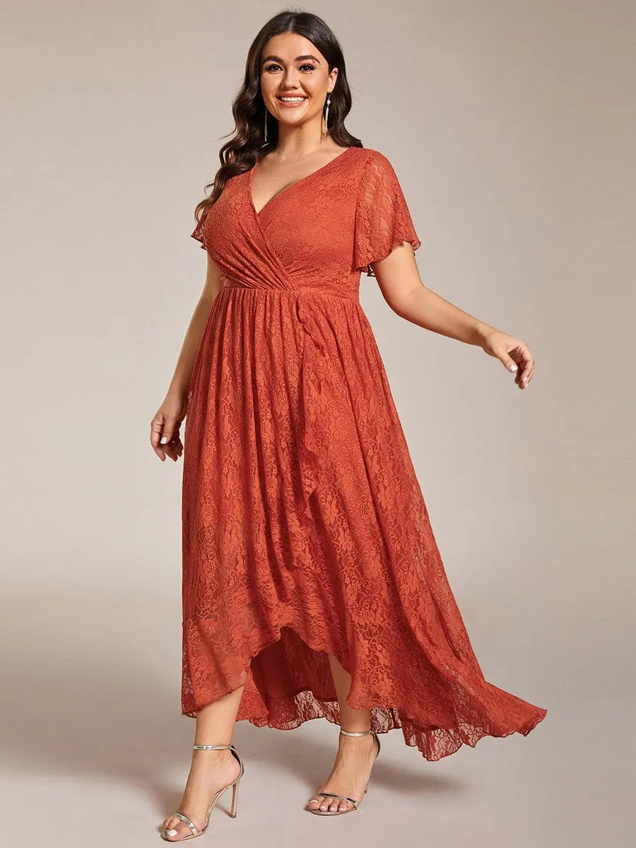 Plus Size Short Sleeve Ruffled V-Neck A-Line Lace Formal Evening Dress