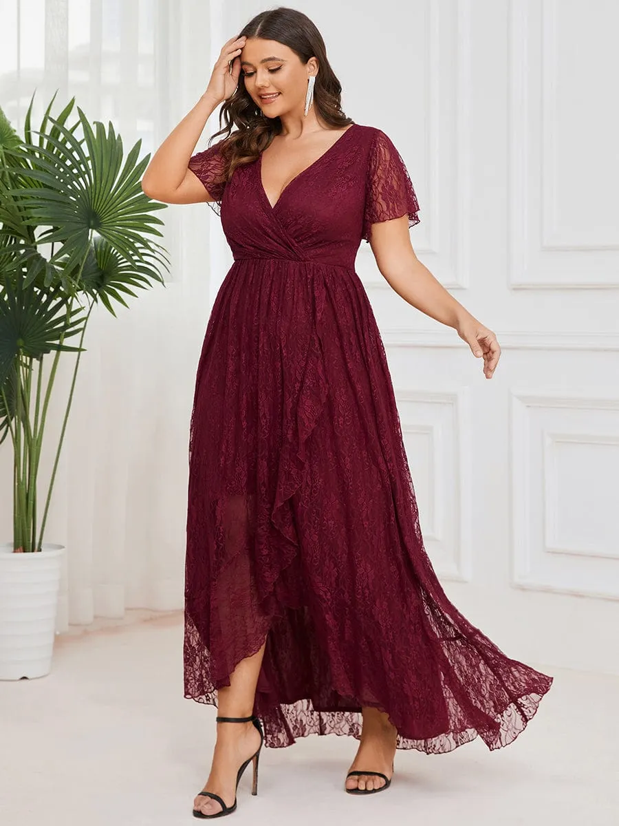 Plus Size Short Sleeve Ruffled V-Neck A-Line Lace Formal Evening Dress