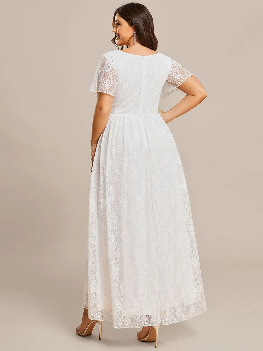 Plus Size Short Sleeve Ruffled V-Neck A-Line Lace Formal Evening Dress