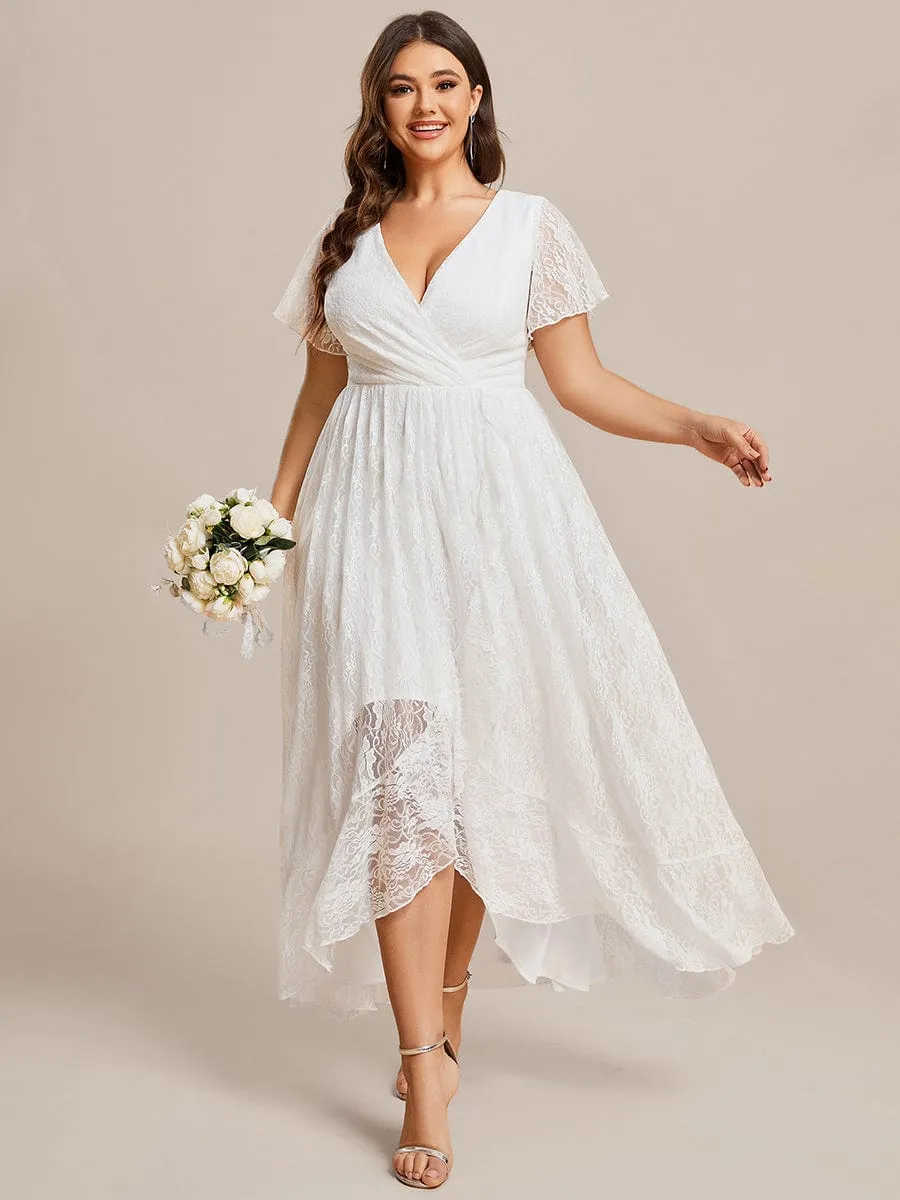 Plus Size Short Sleeve Ruffled V-Neck A-Line Lace Formal Evening Dress