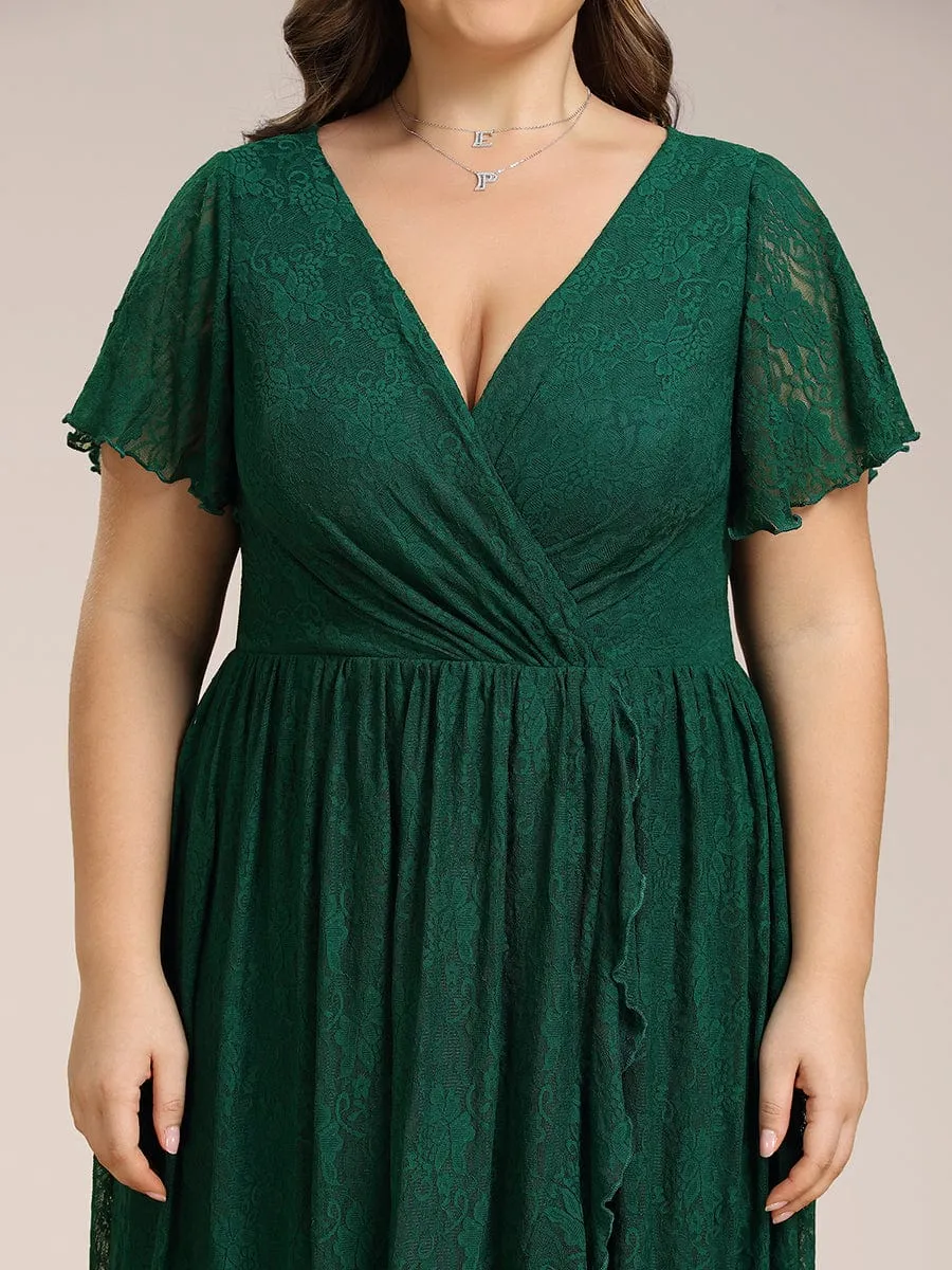 Plus Size Short Sleeve Ruffled V-Neck A-Line Lace Formal Evening Dress