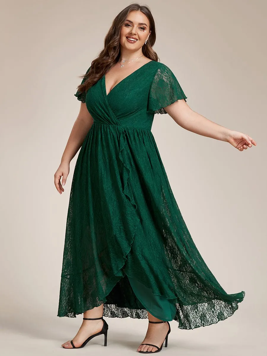 Plus Size Short Sleeve Ruffled V-Neck A-Line Lace Formal Evening Dress