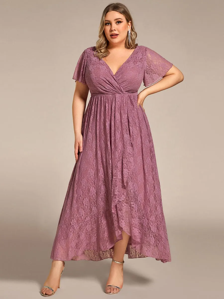 Plus Size Short Sleeve Ruffled V-Neck A-Line Lace Formal Evening Dress