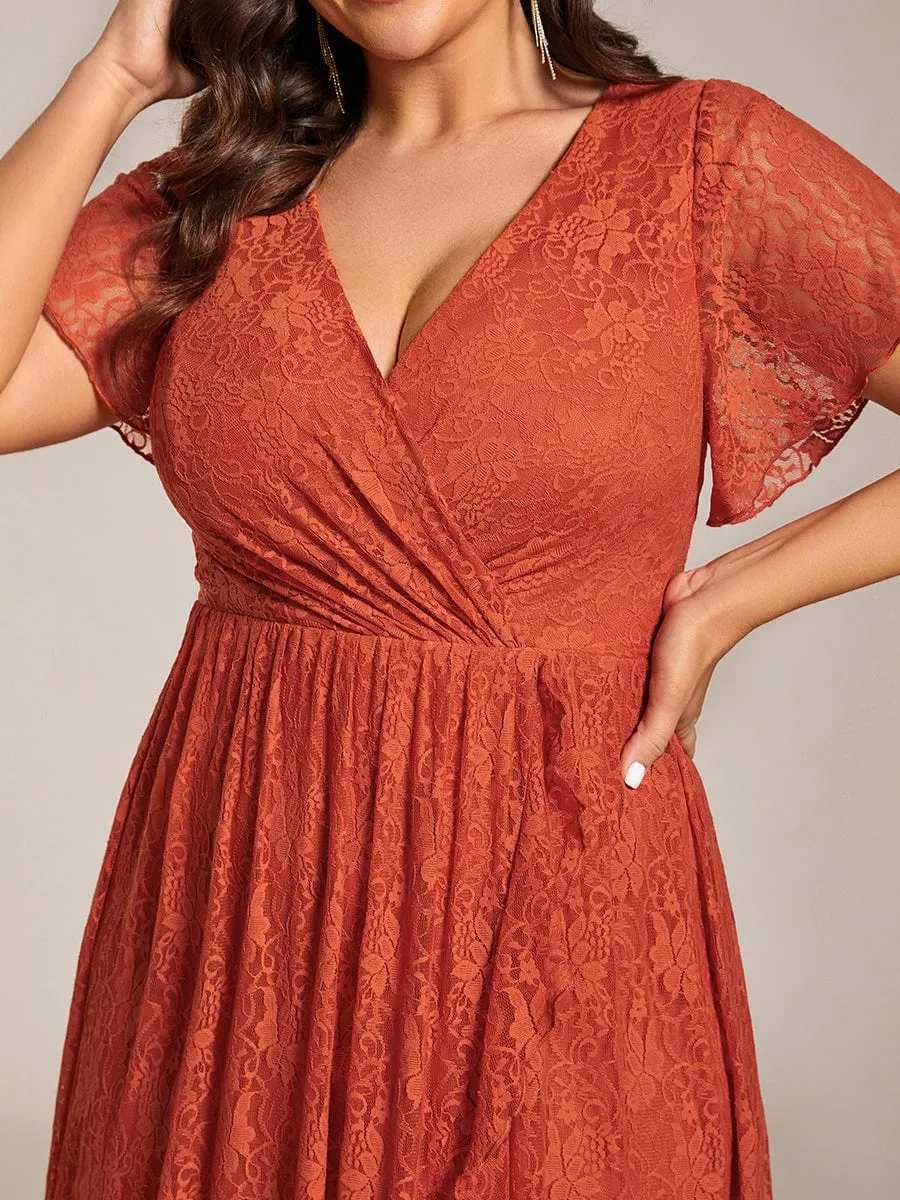 Plus Size Short Sleeve Ruffled V-Neck A-Line Lace Formal Evening Dress