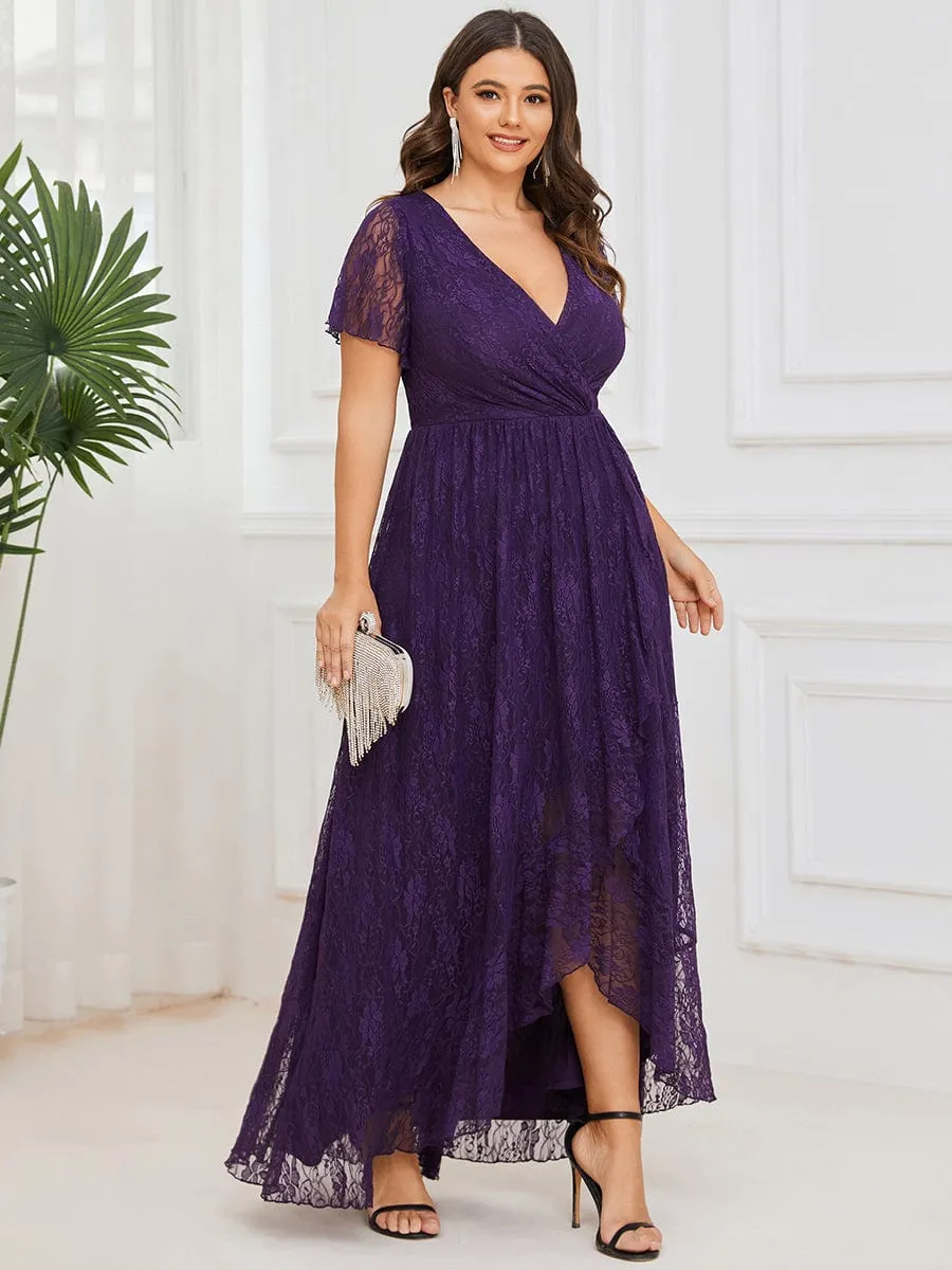 Plus Size Short Sleeve Ruffled V-Neck A-Line Lace Formal Evening Dress