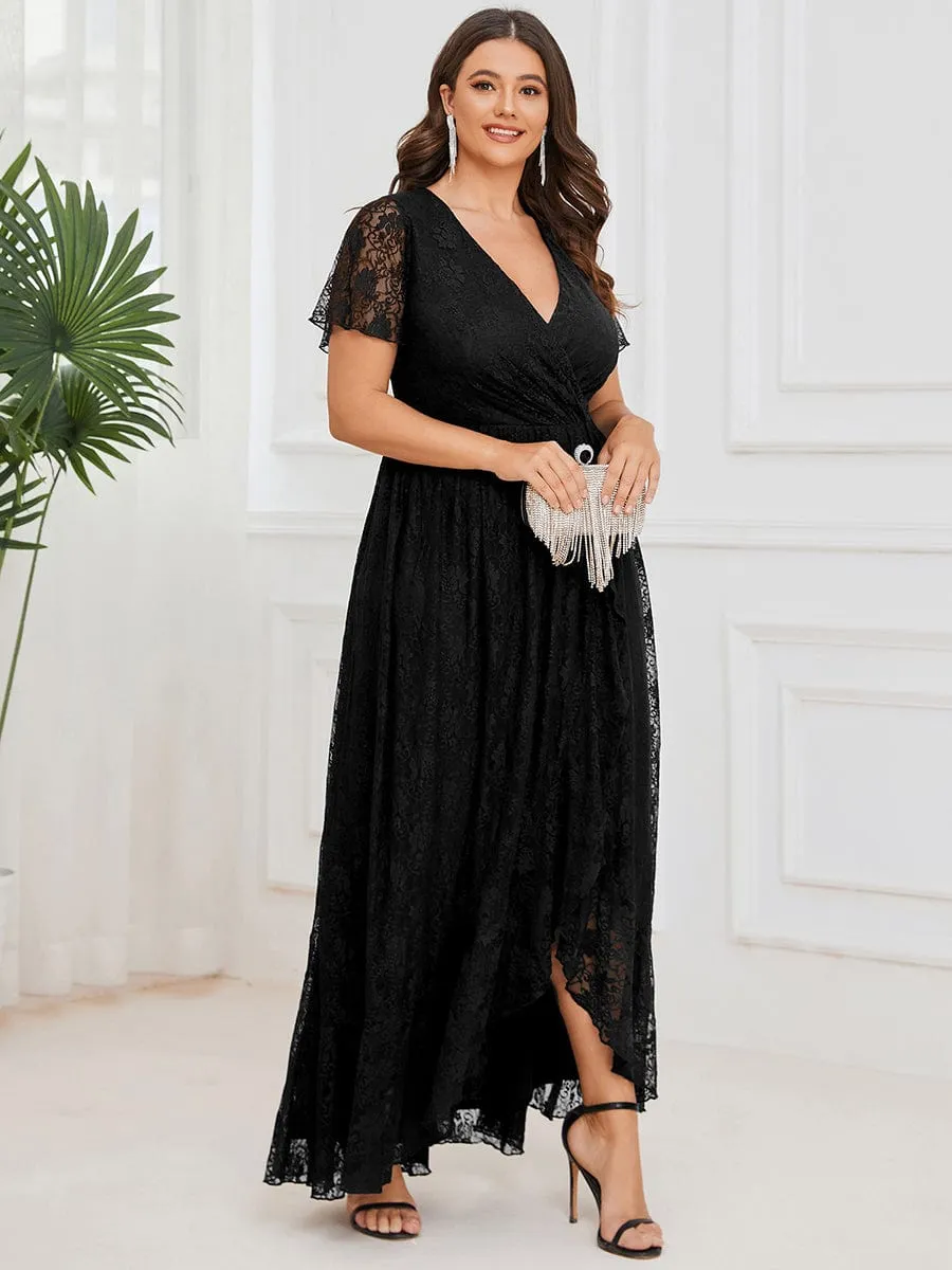 Plus Size Short Sleeve Ruffled V-Neck A-Line Lace Formal Evening Dress