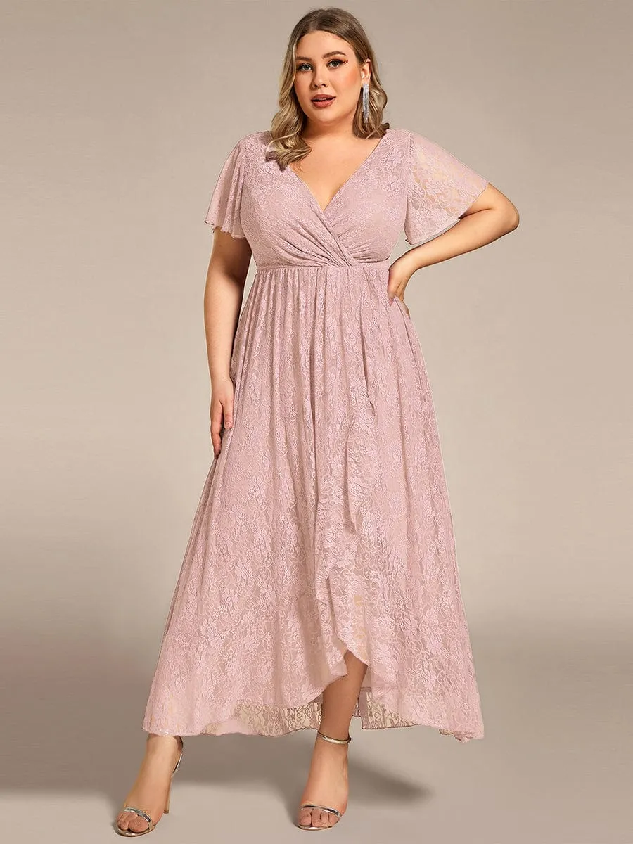 Plus Size Short Sleeve Ruffled V-Neck A-Line Lace Formal Evening Dress