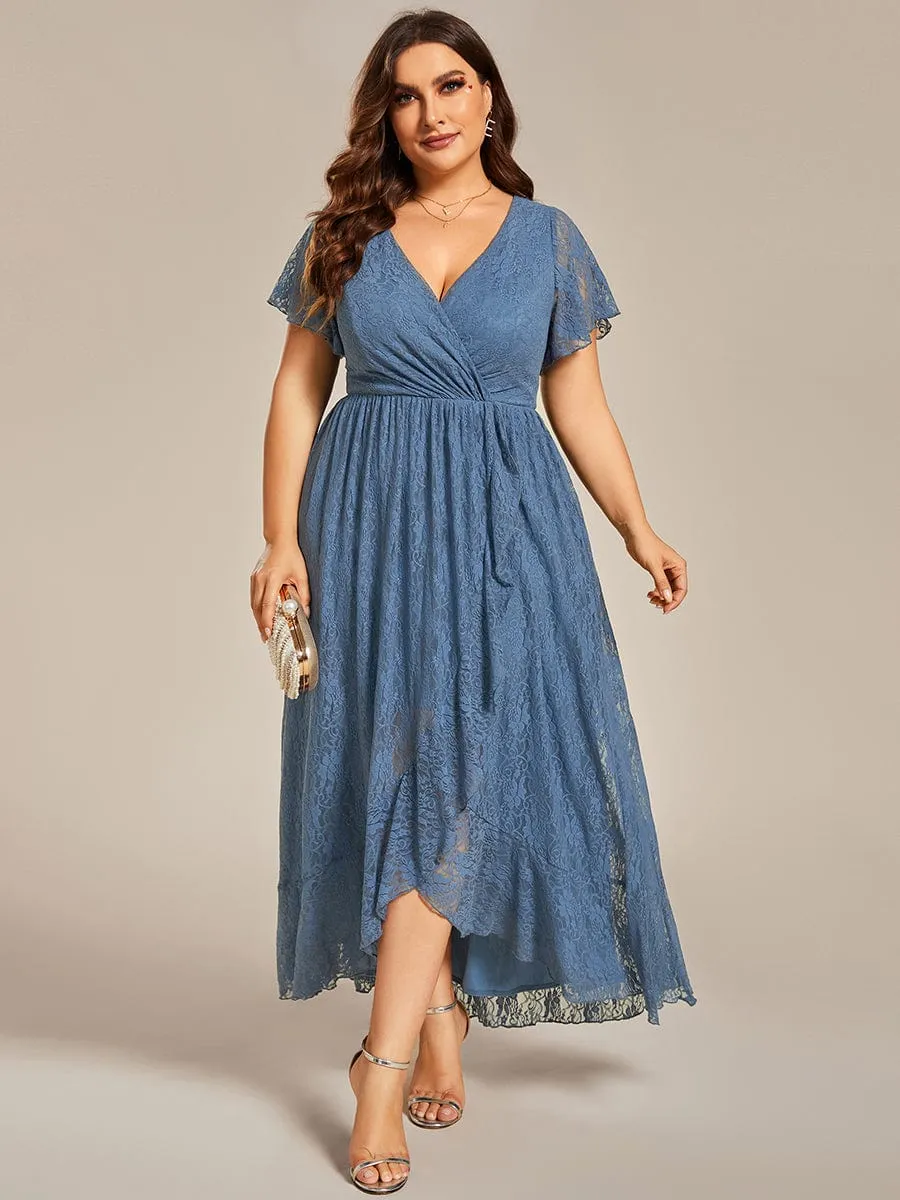 Plus Size Short Sleeve Ruffled V-Neck A-Line Lace Formal Evening Dress