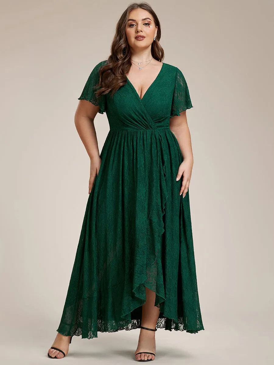 Plus Size Short Sleeve Ruffled V-Neck A-Line Lace Formal Evening Dress