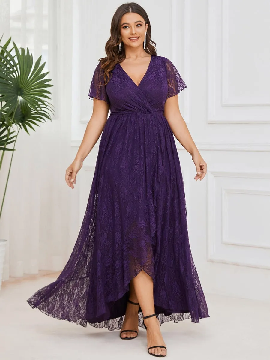 Plus Size Short Sleeve Ruffled V-Neck A-Line Lace Formal Evening Dress