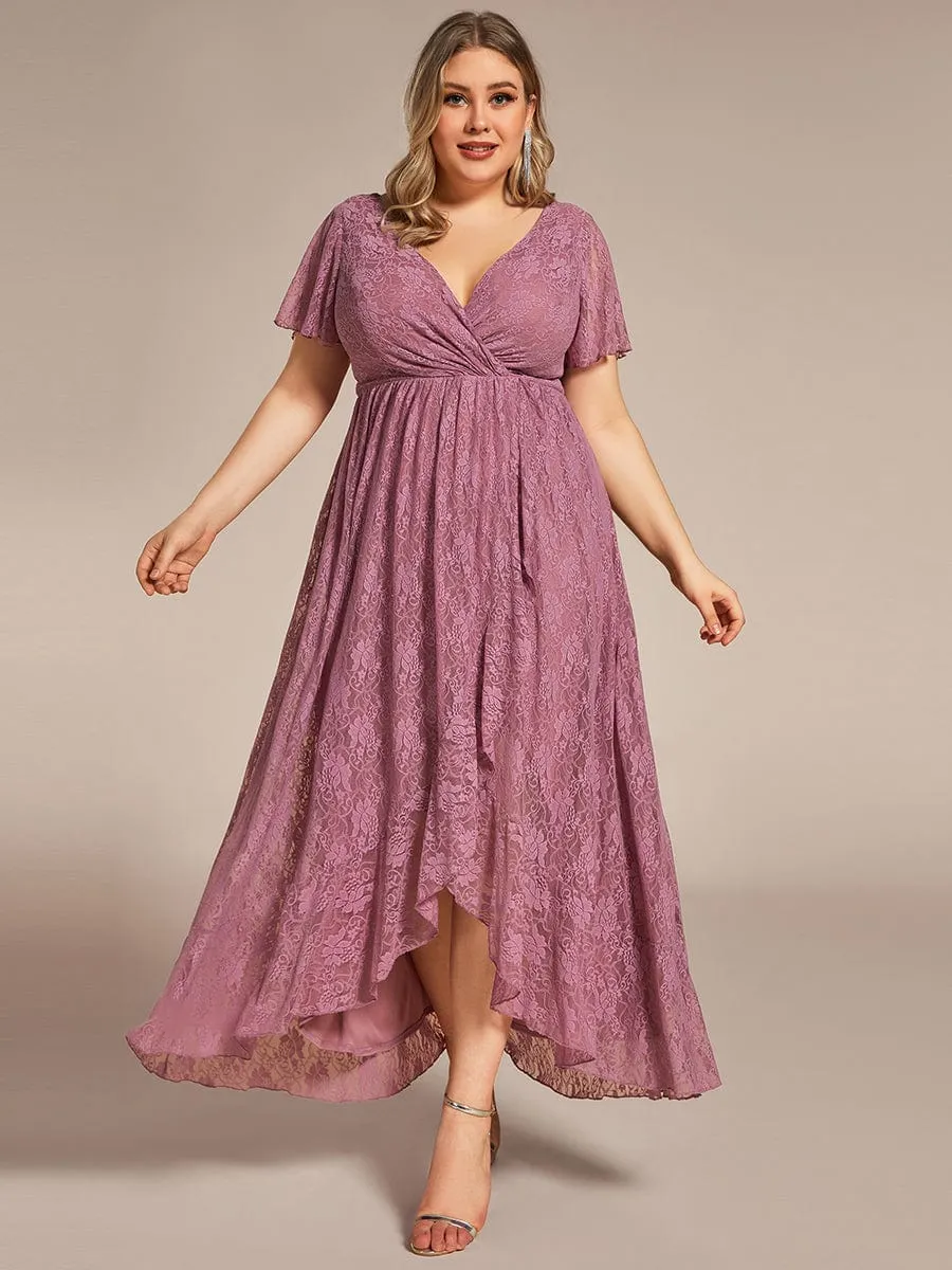 Plus Size Short Sleeve Ruffled V-Neck A-Line Lace Formal Evening Dress