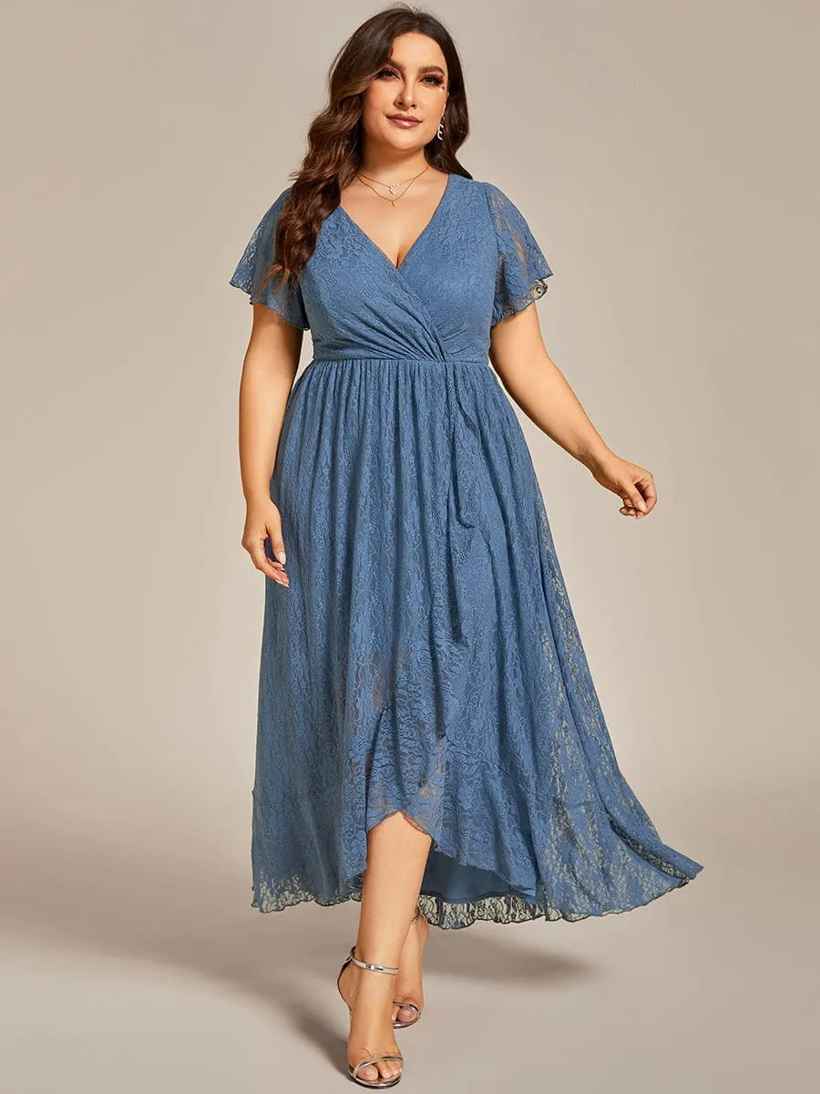 Plus Size Short Sleeve Ruffled V-Neck A-Line Lace Formal Evening Dress