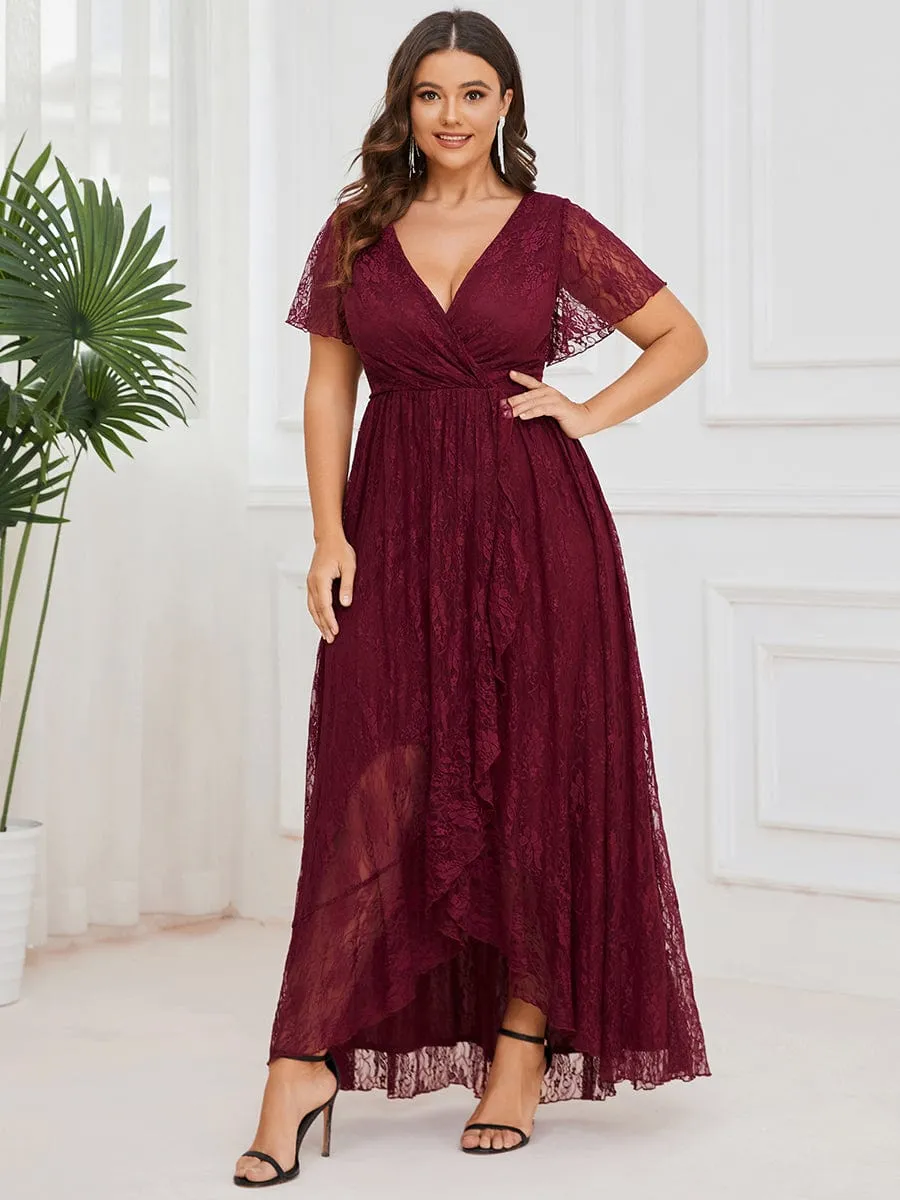 Plus Size Short Sleeve Ruffled V-Neck A-Line Lace Formal Evening Dress