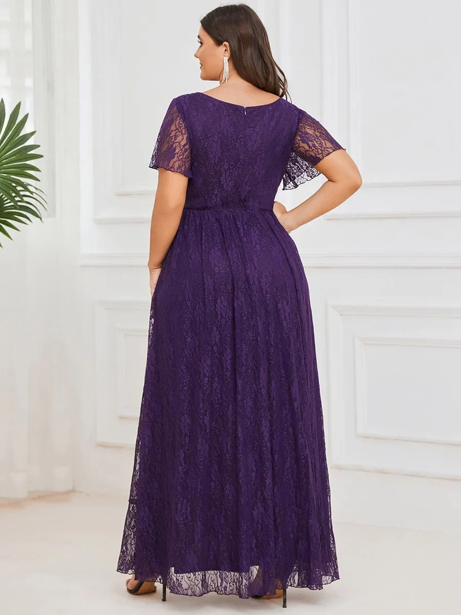 Plus Size Short Sleeve Ruffled V-Neck A-Line Lace Formal Evening Dress