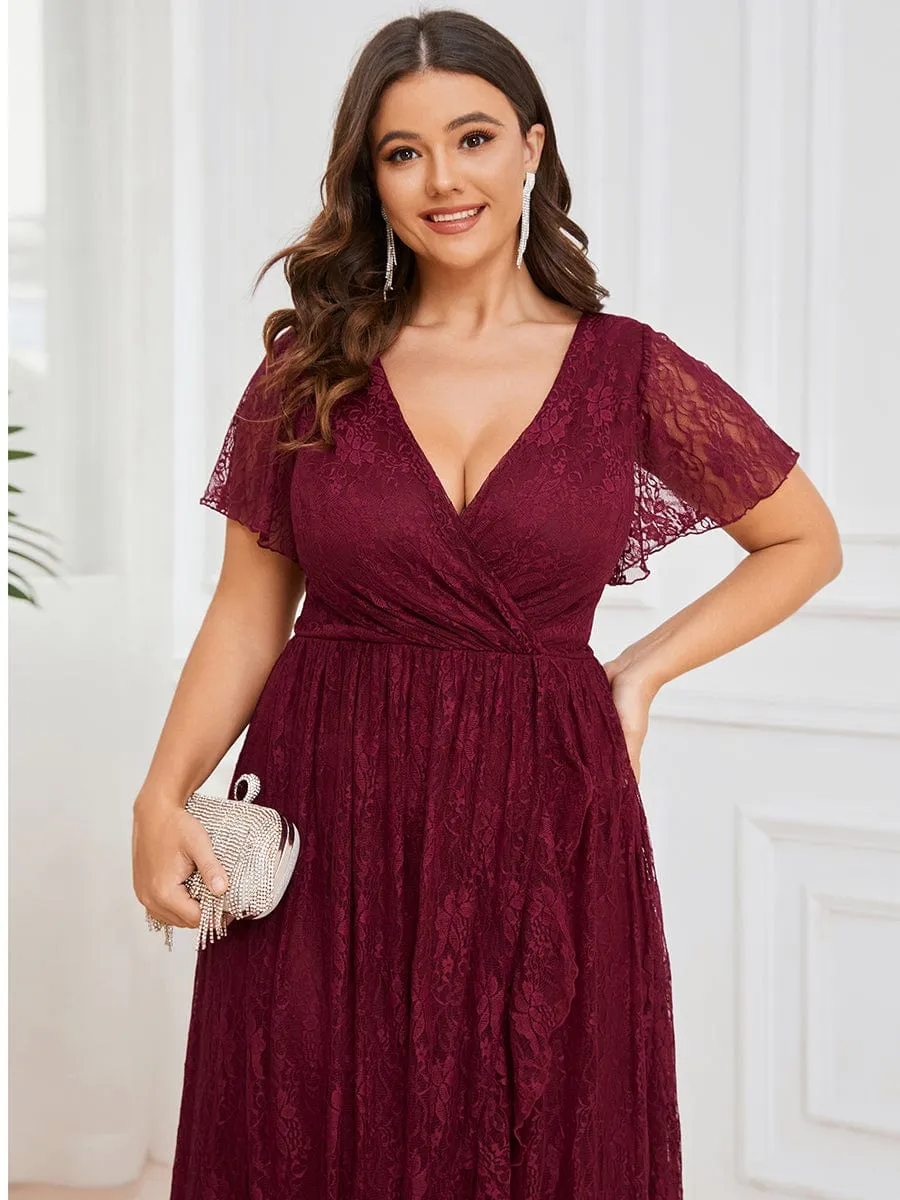 Plus Size Short Sleeve Ruffled V-Neck A-Line Lace Formal Evening Dress