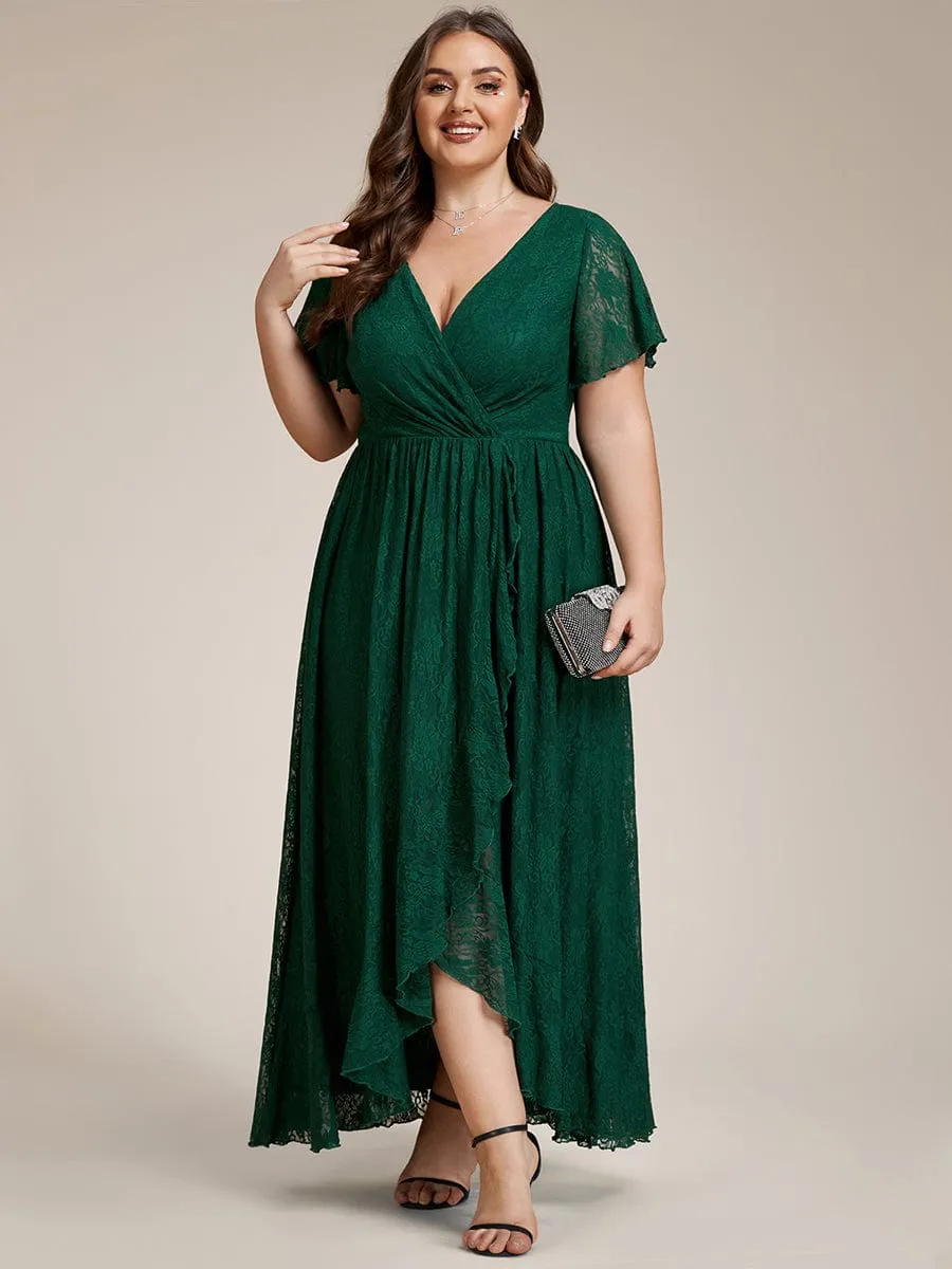 Plus Size Short Sleeve Ruffled V-Neck A-Line Lace Formal Evening Dress